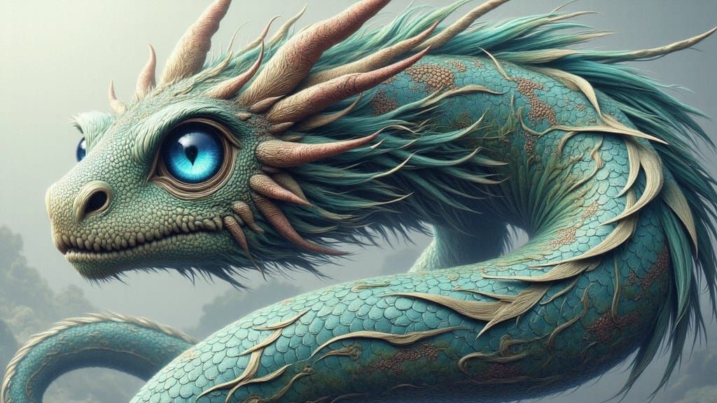 Majestic Dragon with Oversized, Shimmering Eyes in Elegant P...