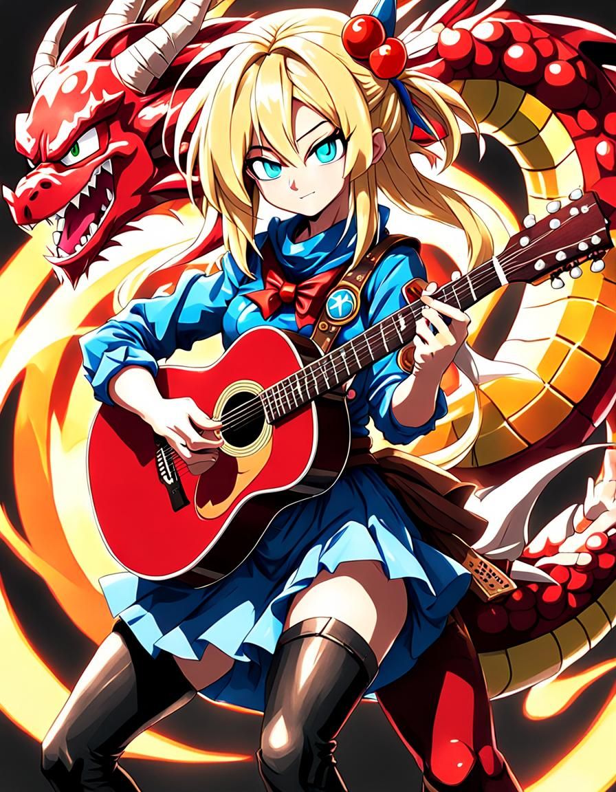Anime Cowgirl Plays Guitar in Dragon Ball Style