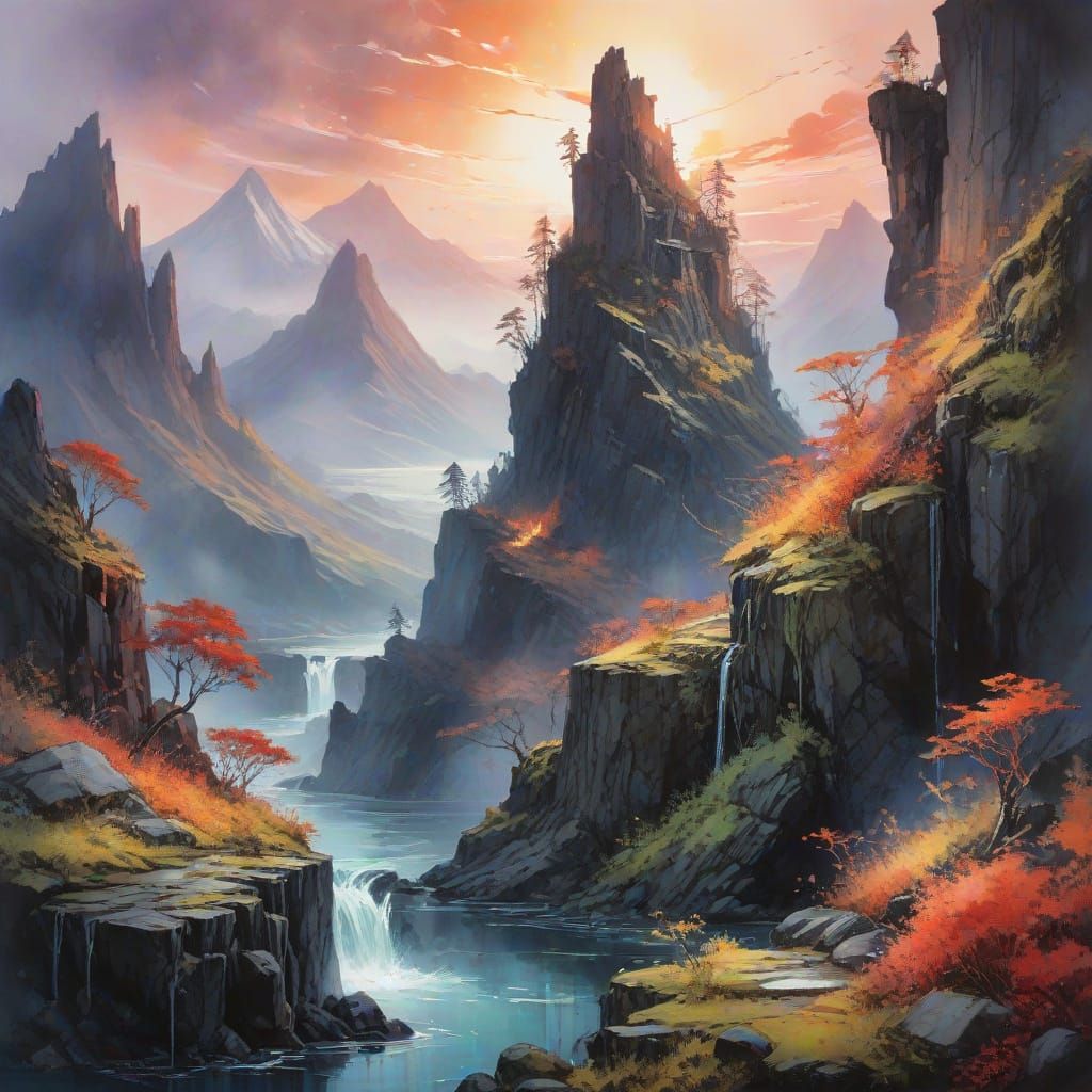 Volcanic Fortress on Basalt Monolith, Fantasy Landscape