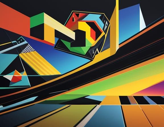 Cubist Geometric Art Deco Painting in Neo-Cubism Style