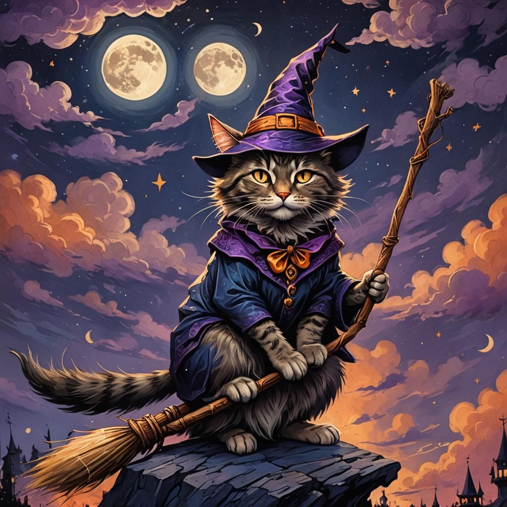 Cat Witch Rides Broomstick on Halloween, Fantasy Art