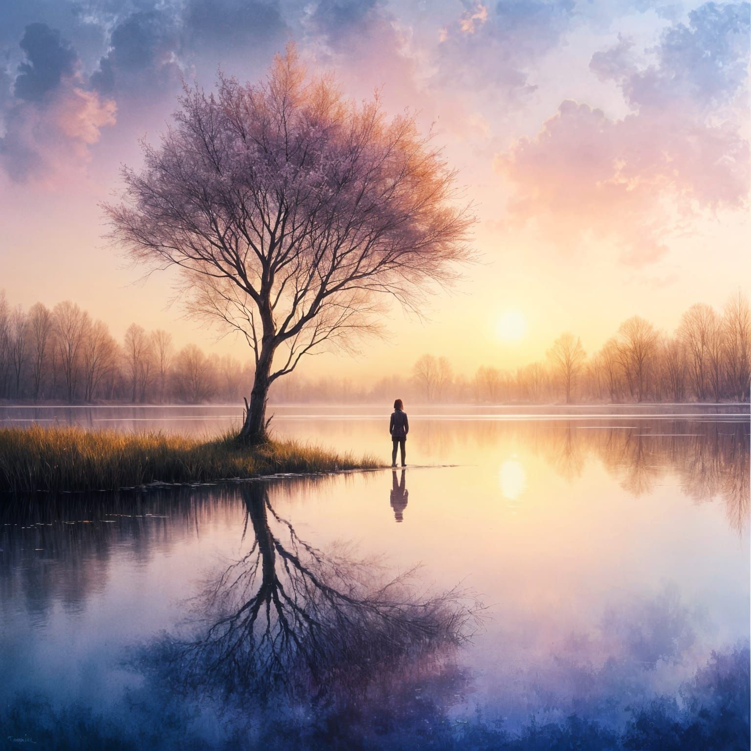 <lora:Abstract Reality:1.0> A serene lakeside at golden hour...