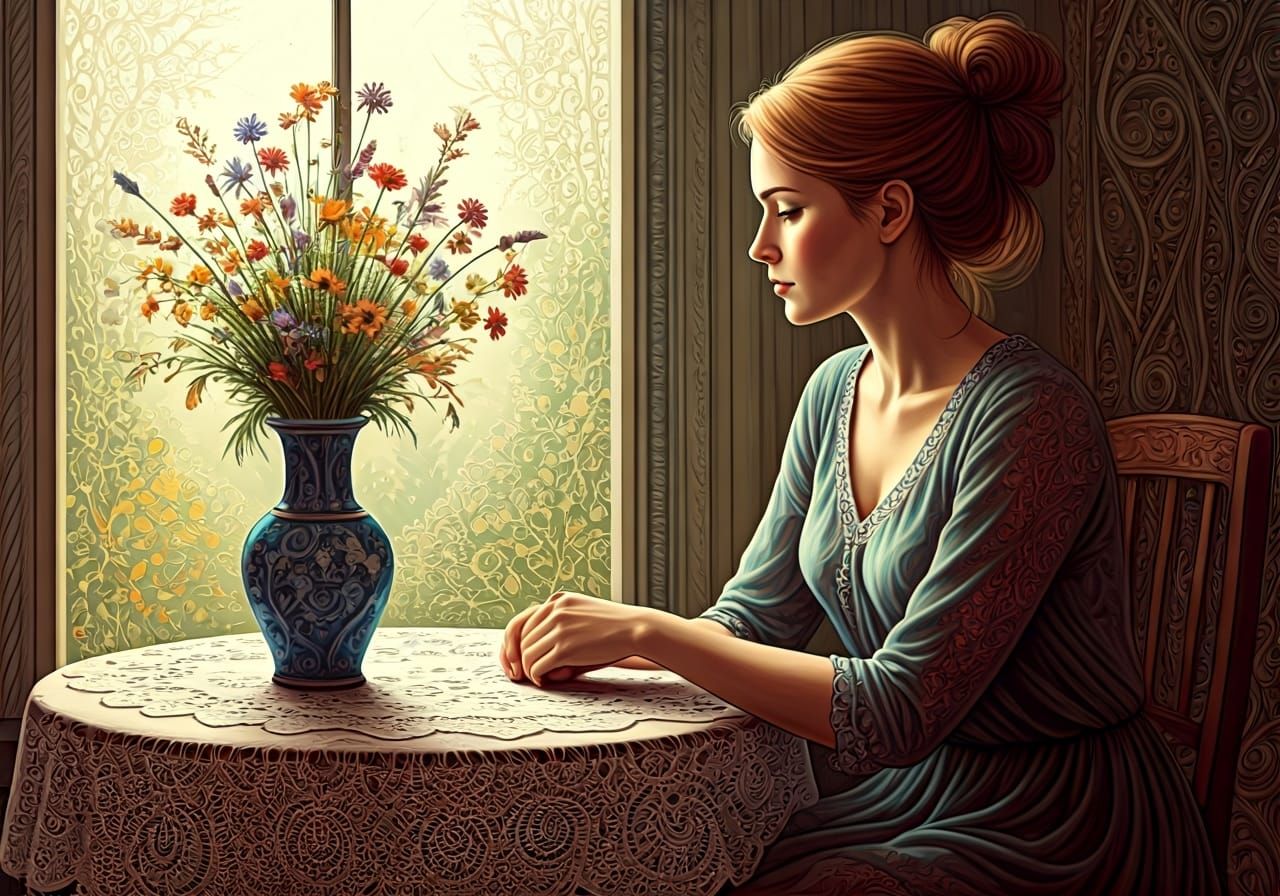 Woman at Table with Flowers, in Whimsical Realism Style