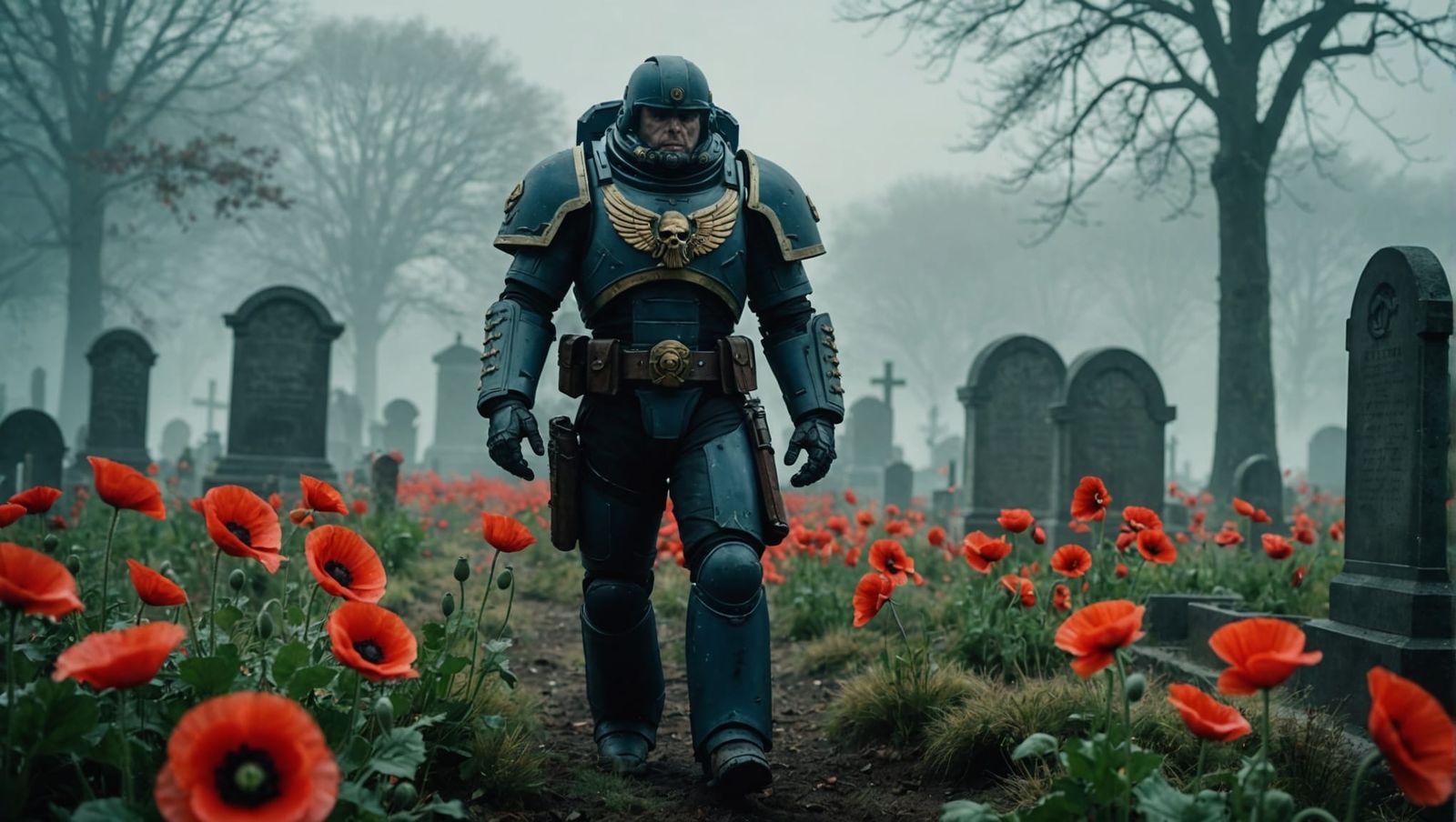 Space Marine in Foggy Cemetery with Poppies