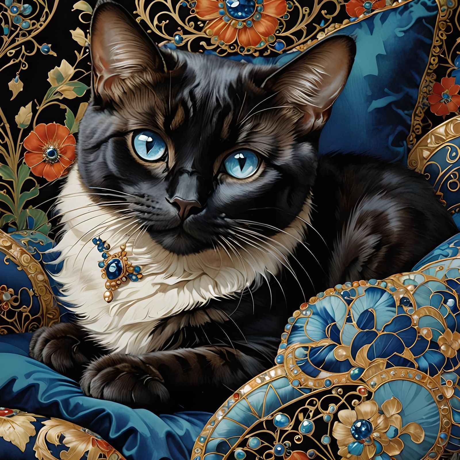 Burmese Cat in Cloisonné Surrealist Oil Painting