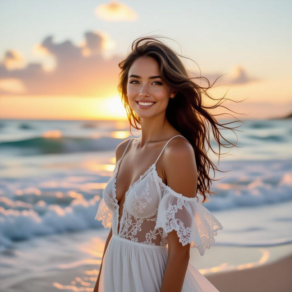 Seaside Serenity: Woman in Flowing White Dress