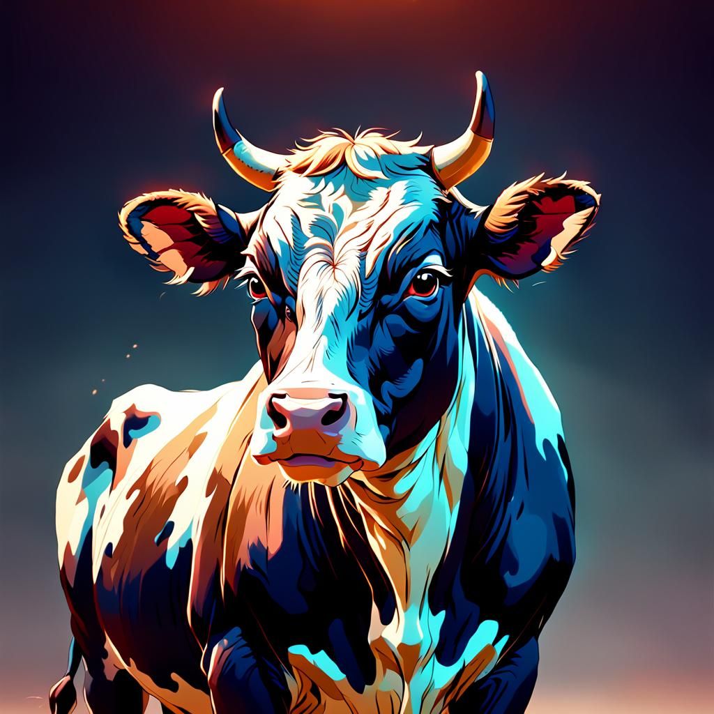 Elegant Manga-Style Cow with Cinematic Lighting