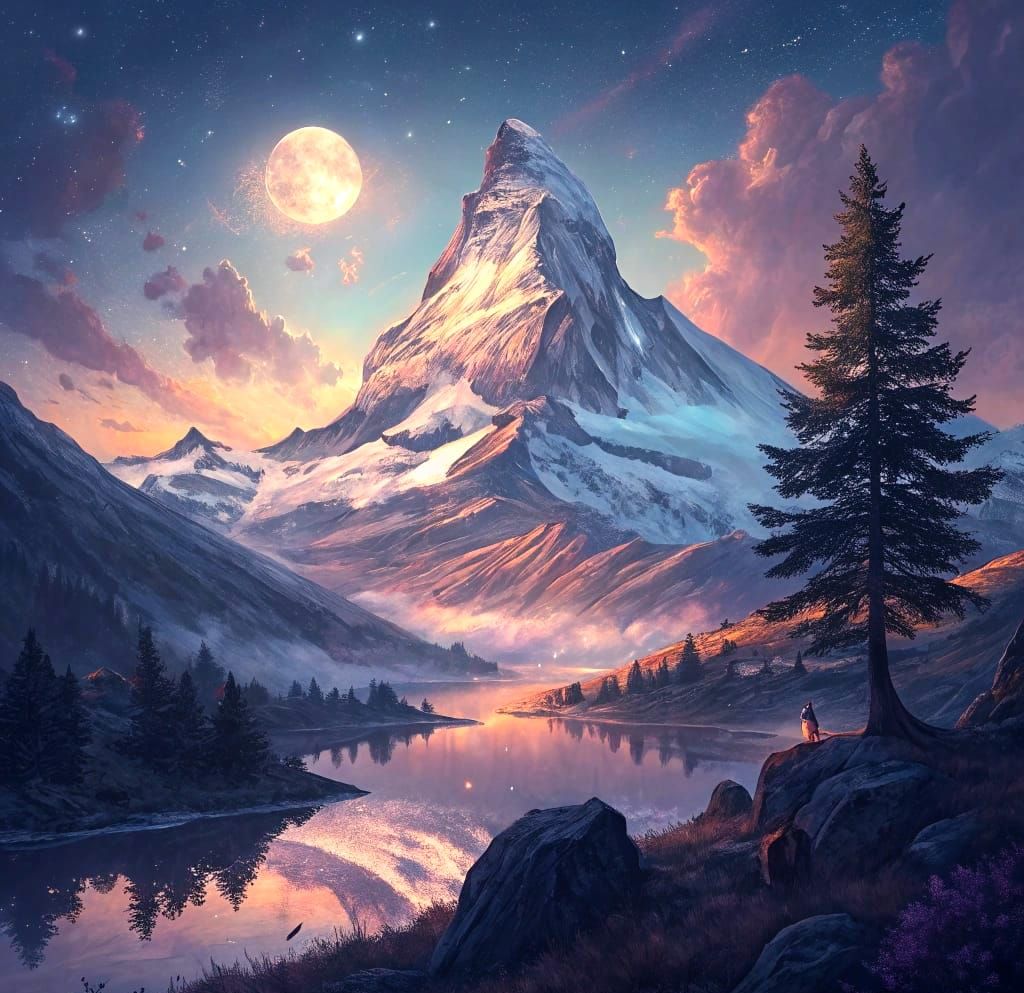 Matterhorn at Full Moon: Impressionist Watercolor