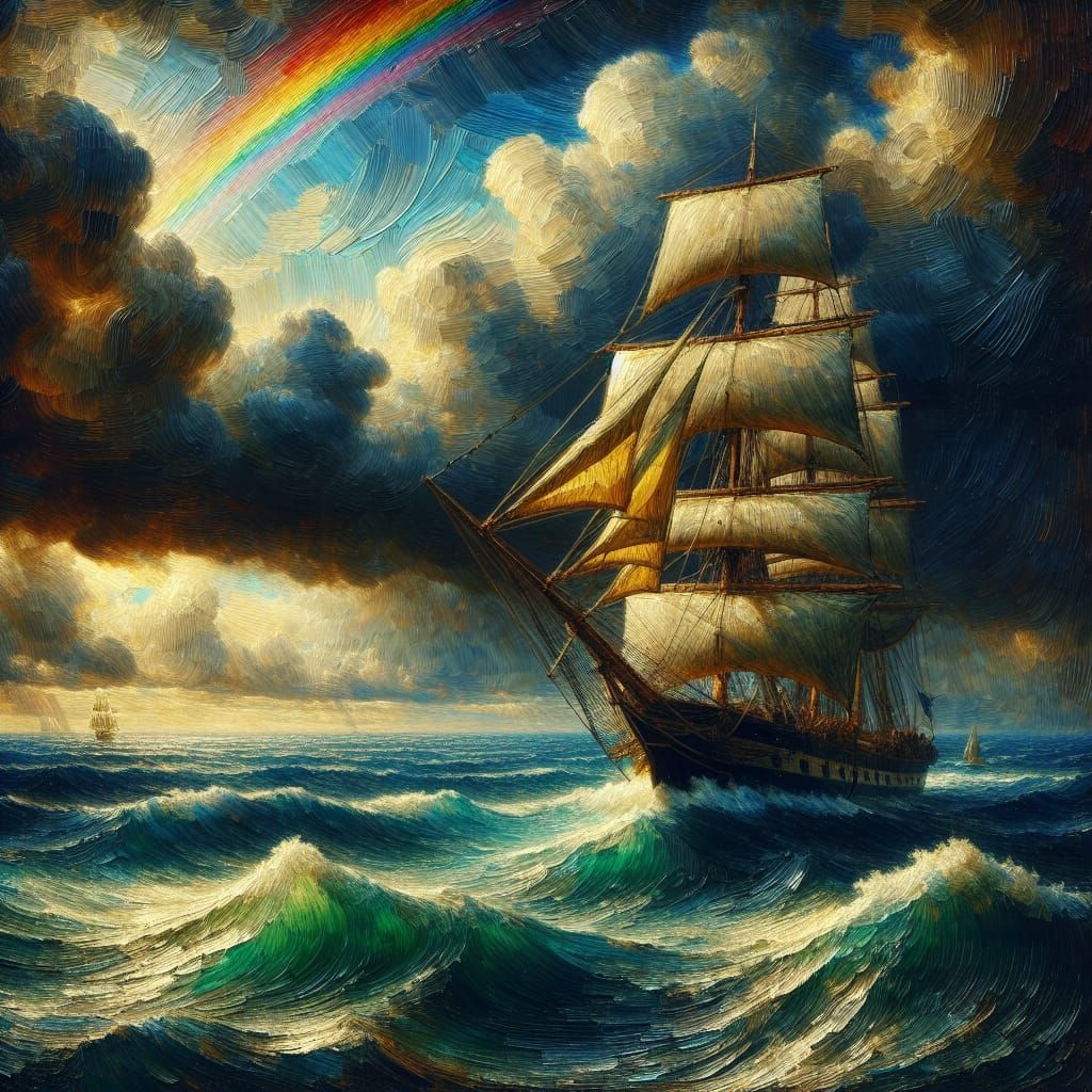Sailing sloop on stormy sea, but alas, a rainbow!