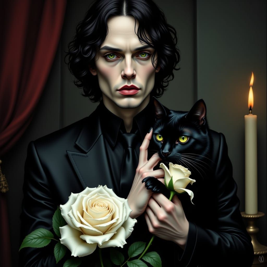 Sleek Ville Valo with Rose and Black Cat in Moody Dark Setti...