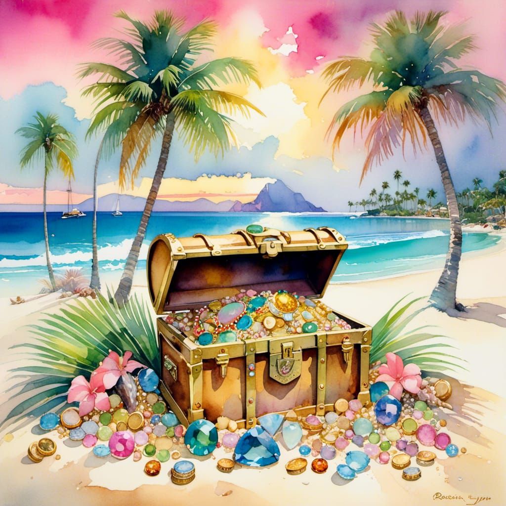 Tropical Treasure Chest on Island, Vivid Watercolor