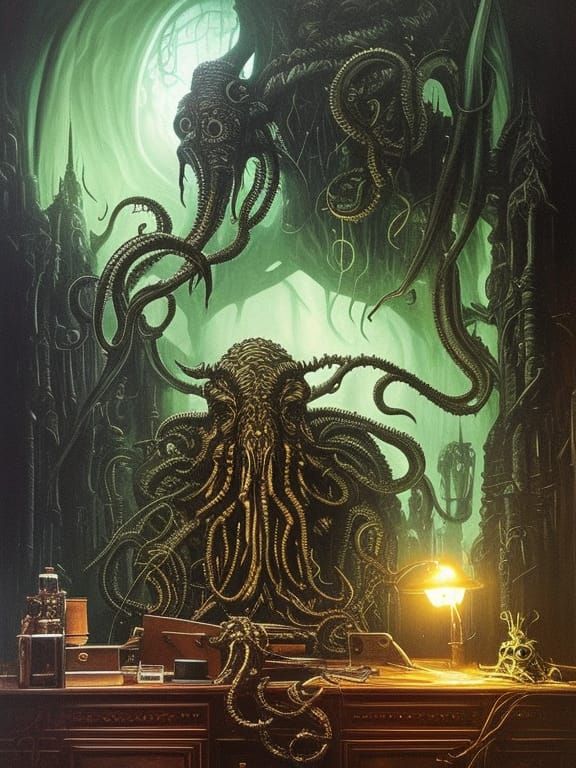 Cthulhu Creature in Glass Bottle, Hyperrealistic Horror Art