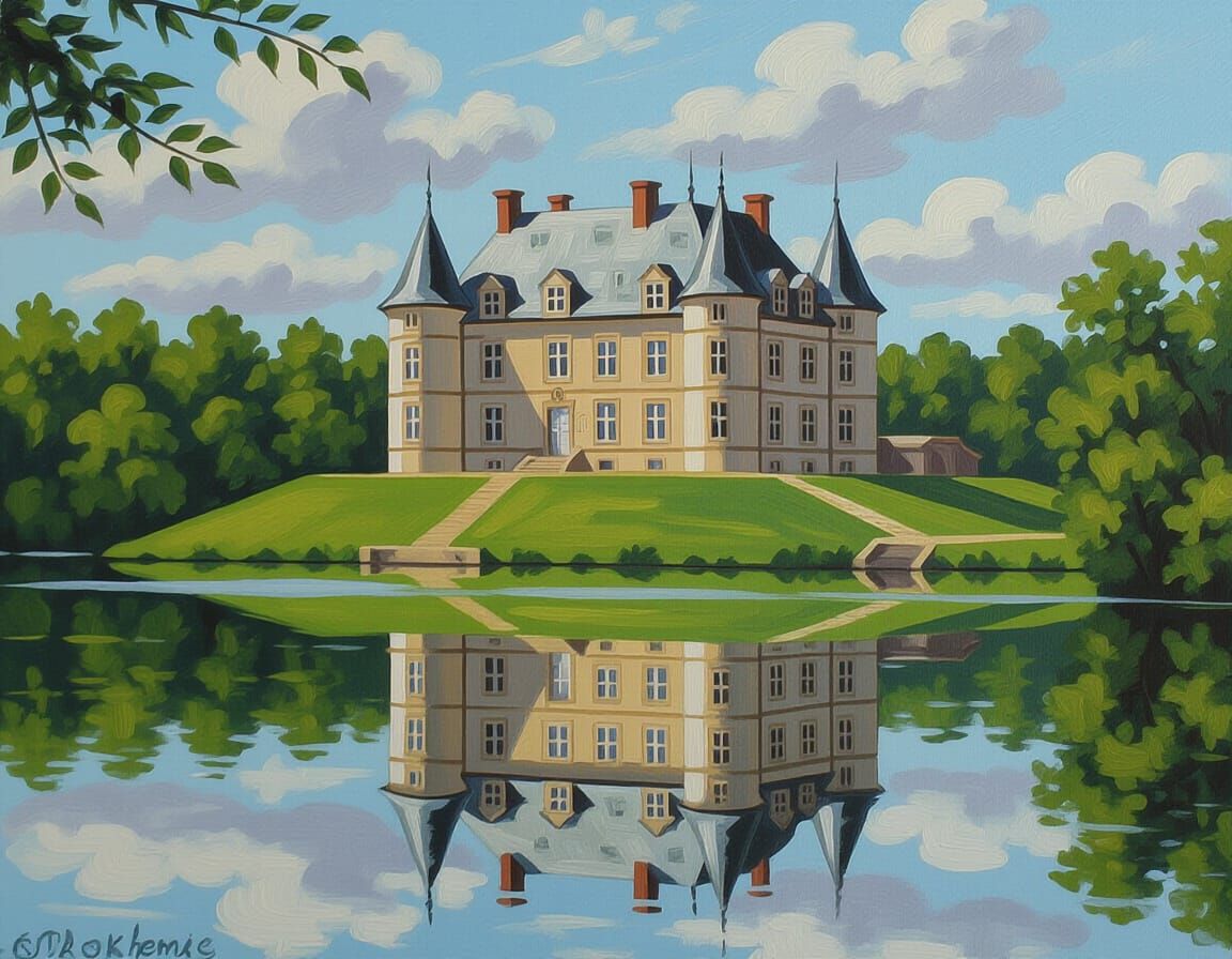 Impressionist Painting of European Castle by Lake