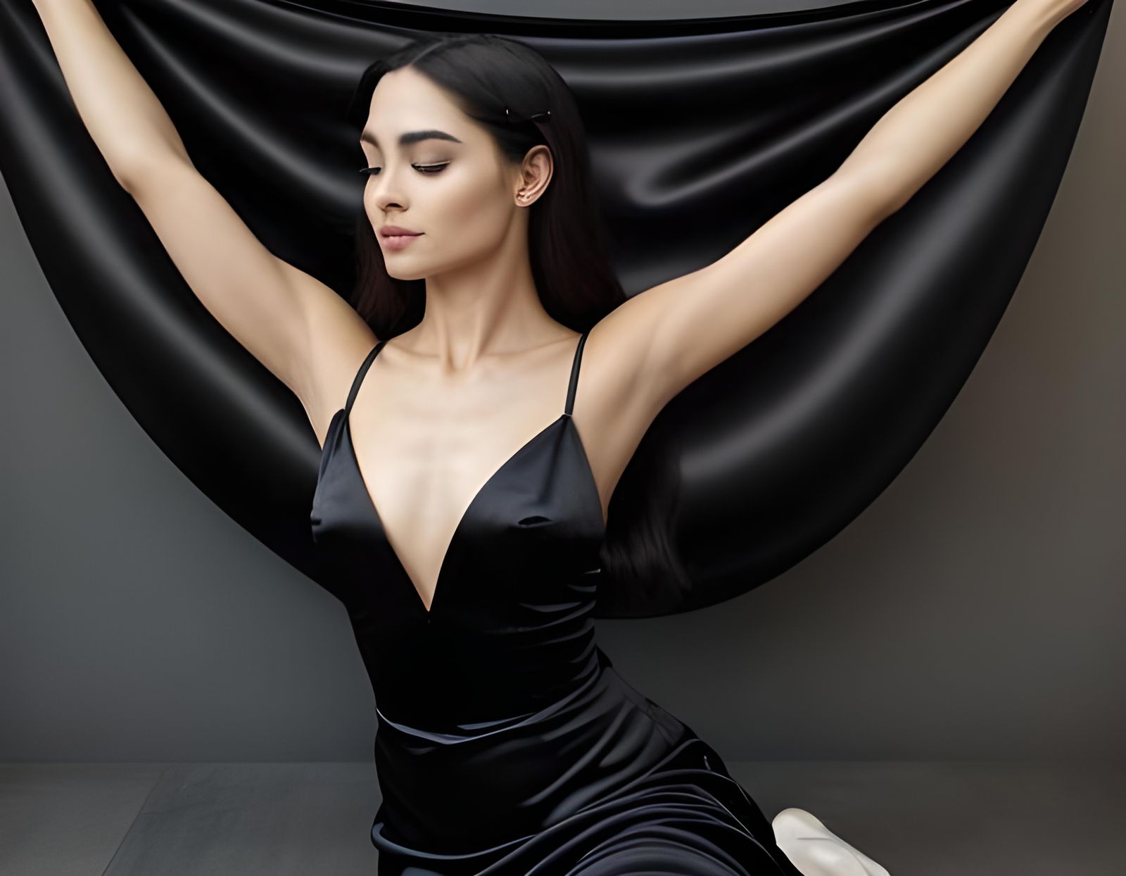 Aria in Black Satin Gown in Luxurious Bedroom