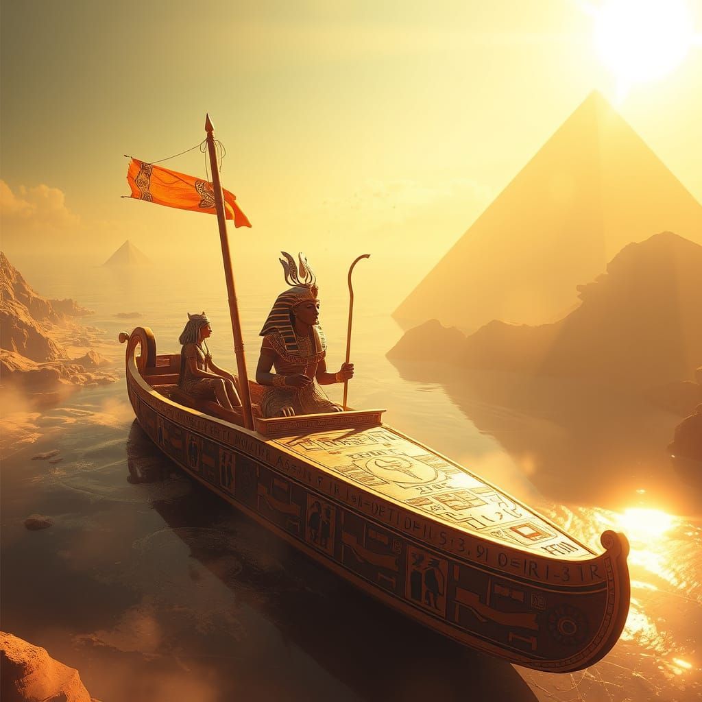 Egyptian Solar Boat: Ra and Osiris Merge in Digital Art
