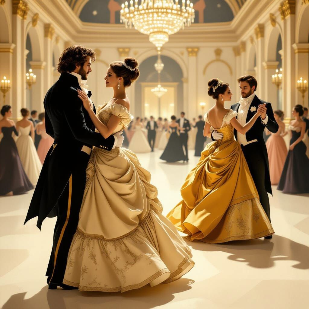 Regency Ball: Yearning Gaze in Surreal Ballroom