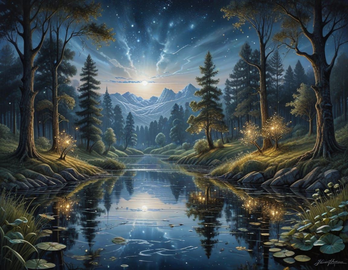 Moonlit Countryside Landscape with Reflective Lake