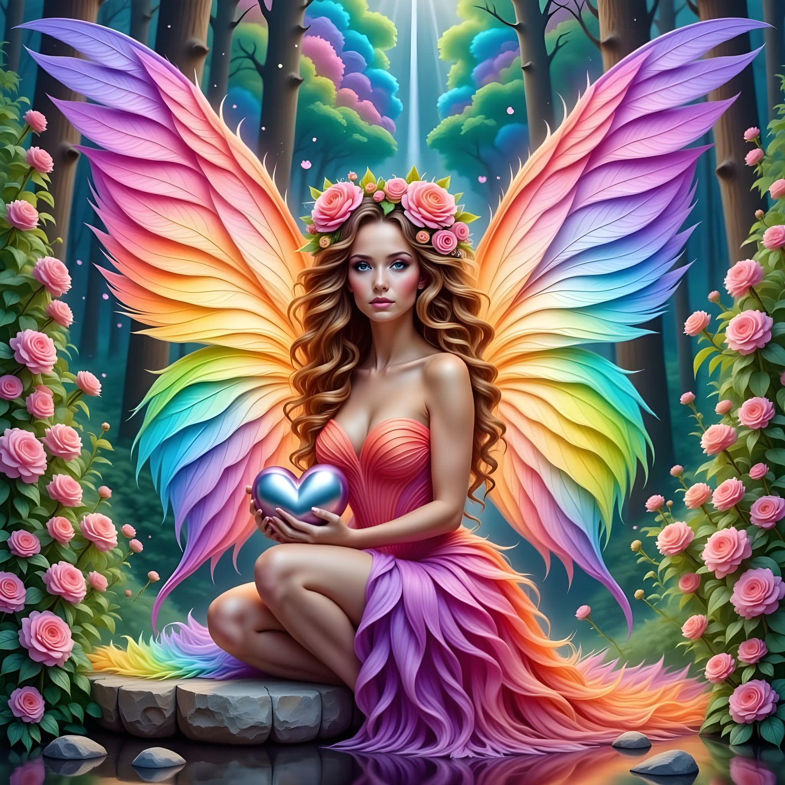 Serene Fairy Kneeling with Rainbow Wings and Rose Adornments