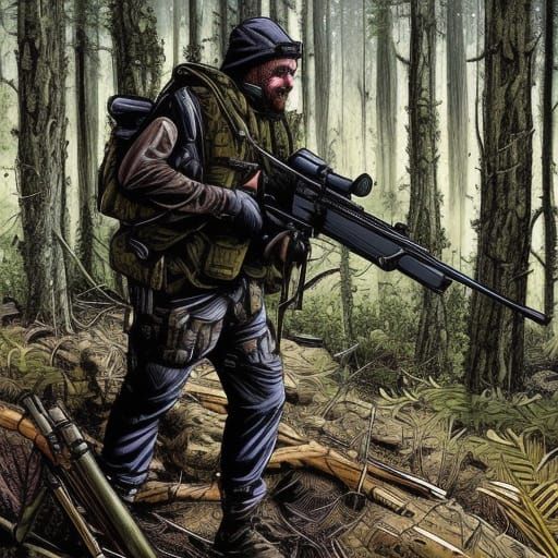 Sniper Soldier Aims in Forest Sunrise, Comic Book Art
