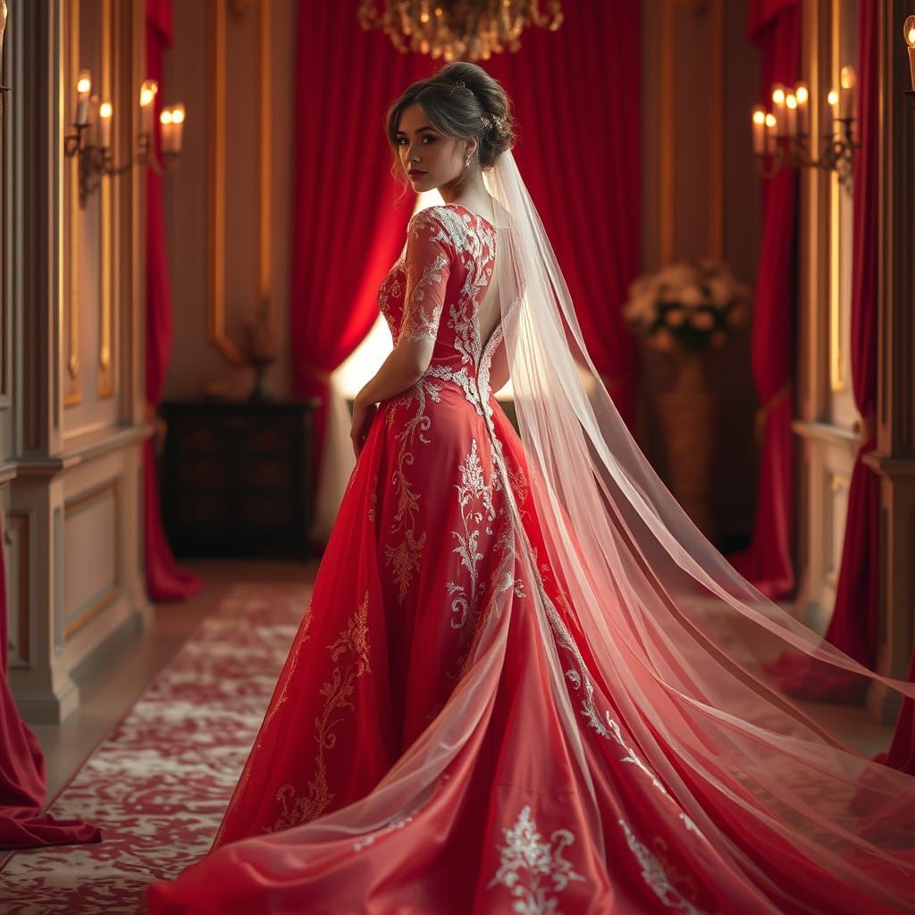 Bride in Red Dress, Art Nouveau Style