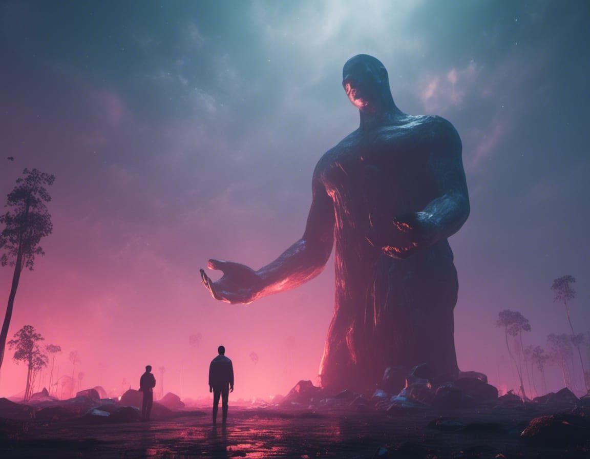 <lora:Beeplex:1.0> Night Scene, A man praying to a Large Sta...