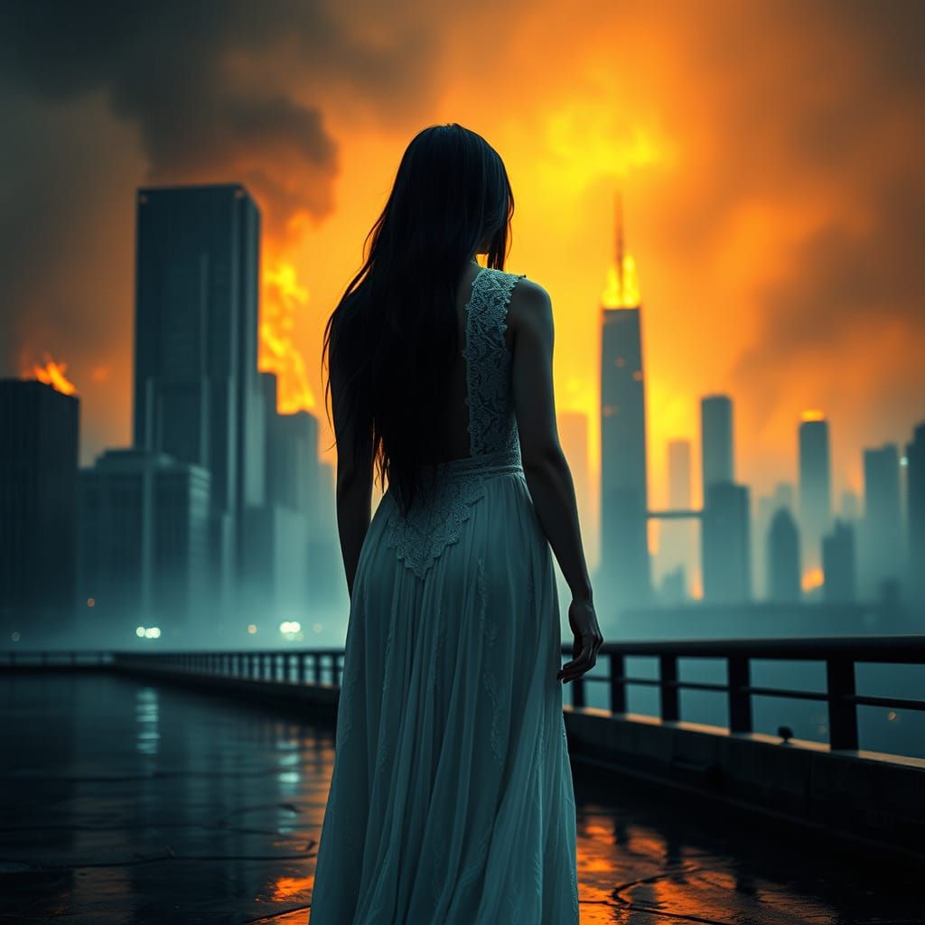 Ethereal Haunted Woman Amidst Apocalyptic Ruins in Photoreal...