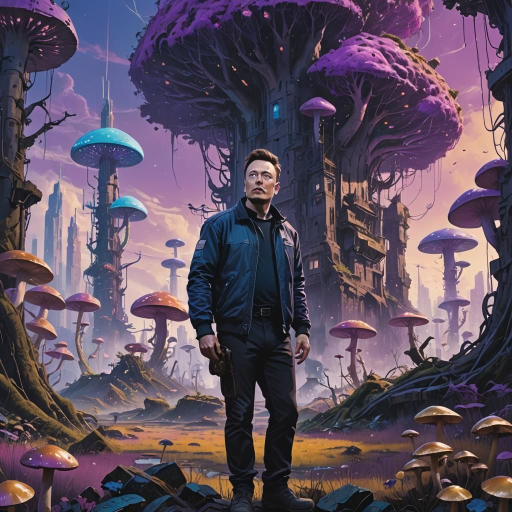 Elon Musk in Cyberpunk Forest, Digital Art