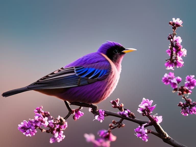 Violet-Backed Starling in Blossoming Branch: Digital Illustr...