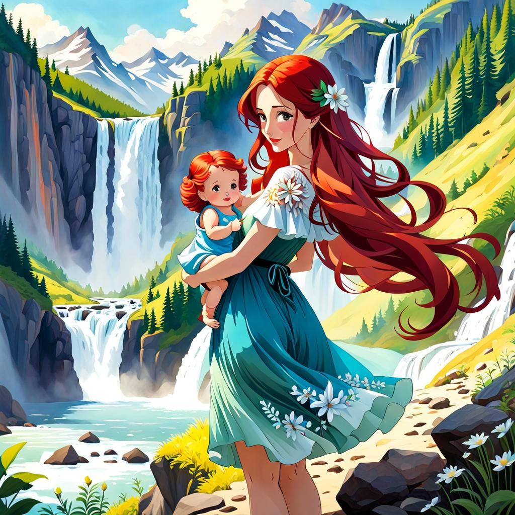 Woman and Toddler in Mountain Landscape, Watercolor Style