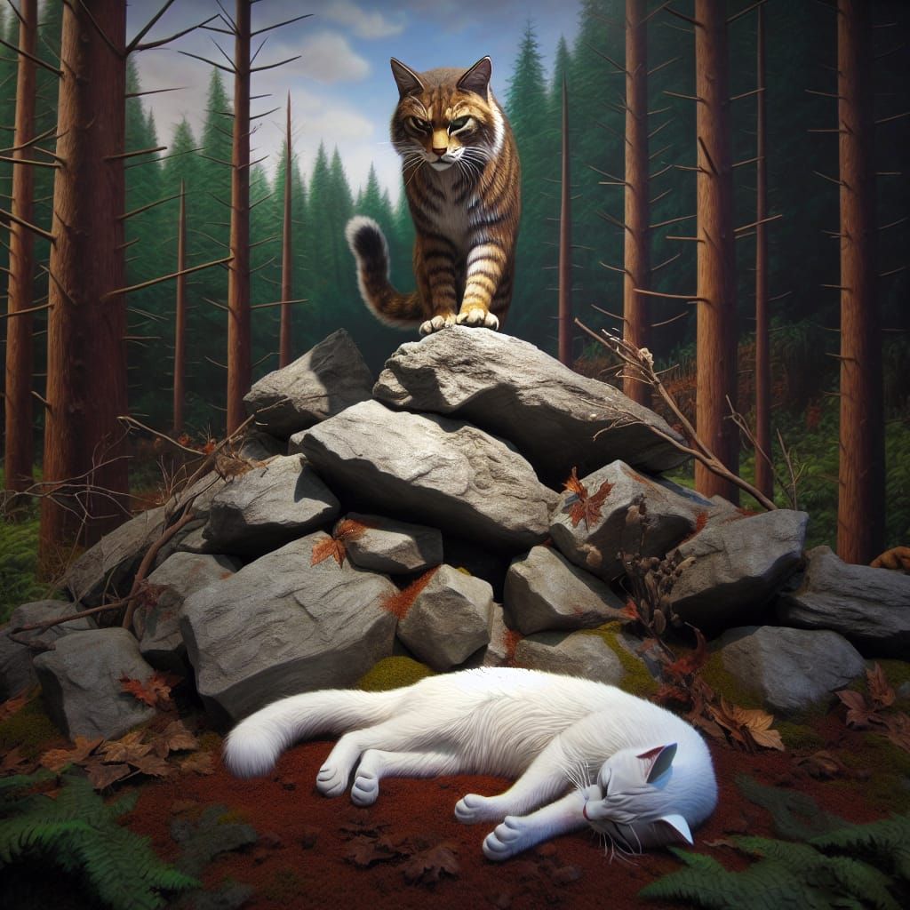 Triumphant Tabby Cat Over Snowy Prey in Forest