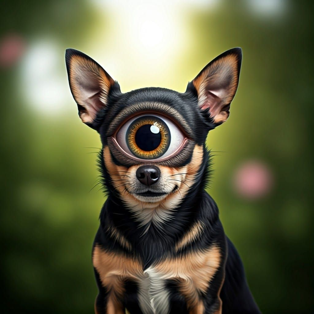 One-Eyed Chihuahua Cyclops in Bokeh Backyard
