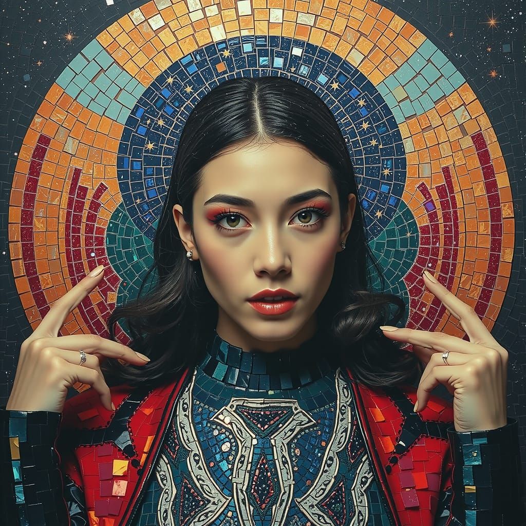 Iridescent Mosaic Woman Against Starry Night