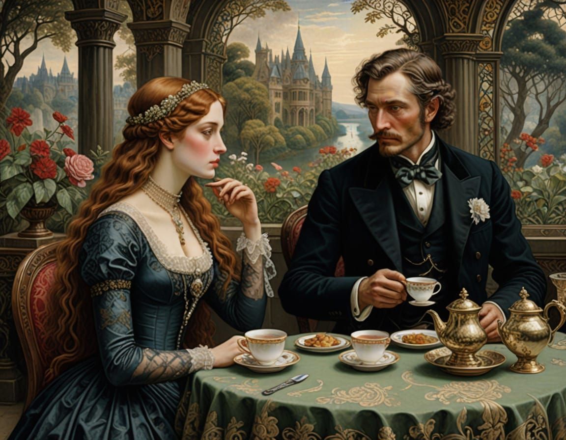 Regal Victorian Couple Sips Tea in Whimsical, Mystical Setti...
