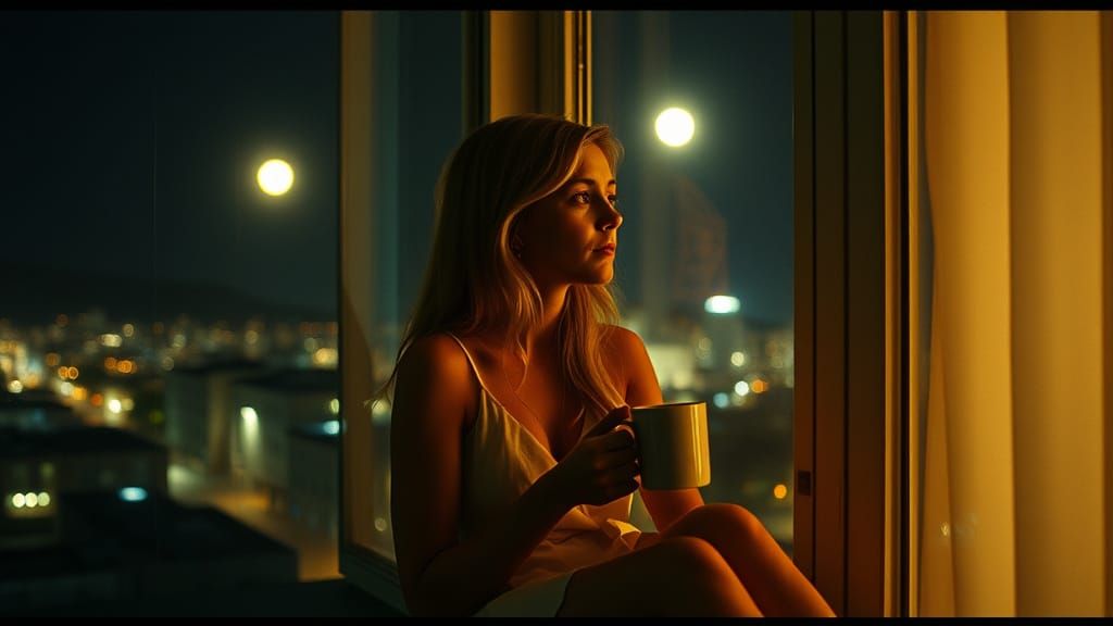 Melancholy Blonde Gazing at Moonlit Cityscape