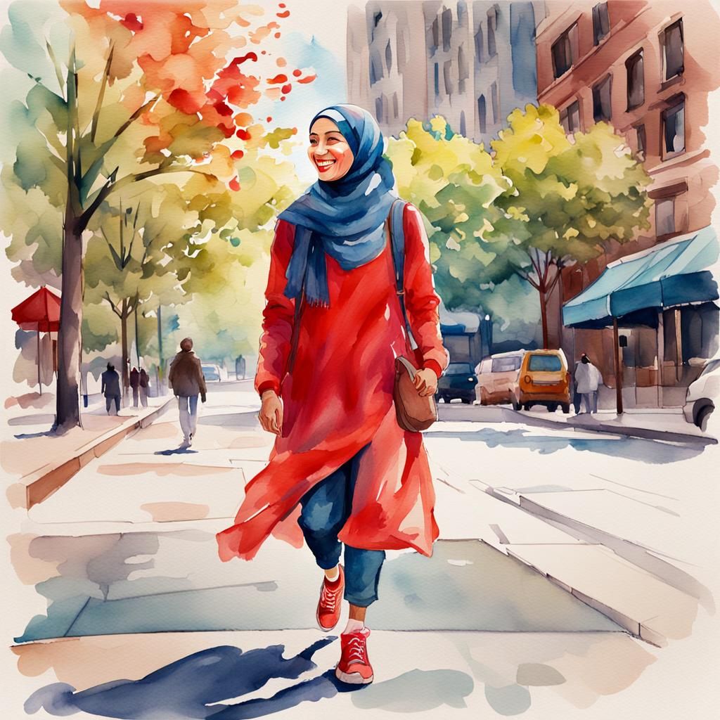 Smiling Woman in Hijab: Watercolor Portrait