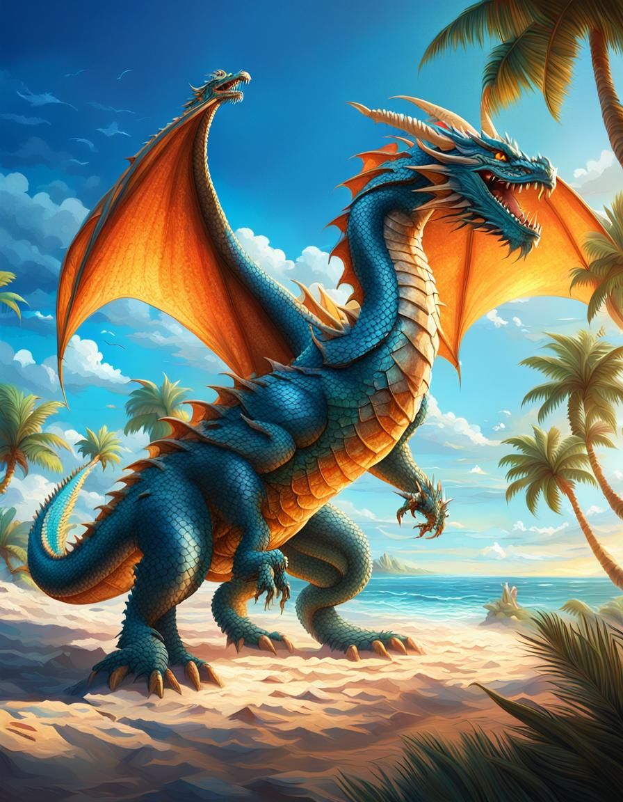 Majestic Dragon Soaring Over Tropical Beach, Digital Art
