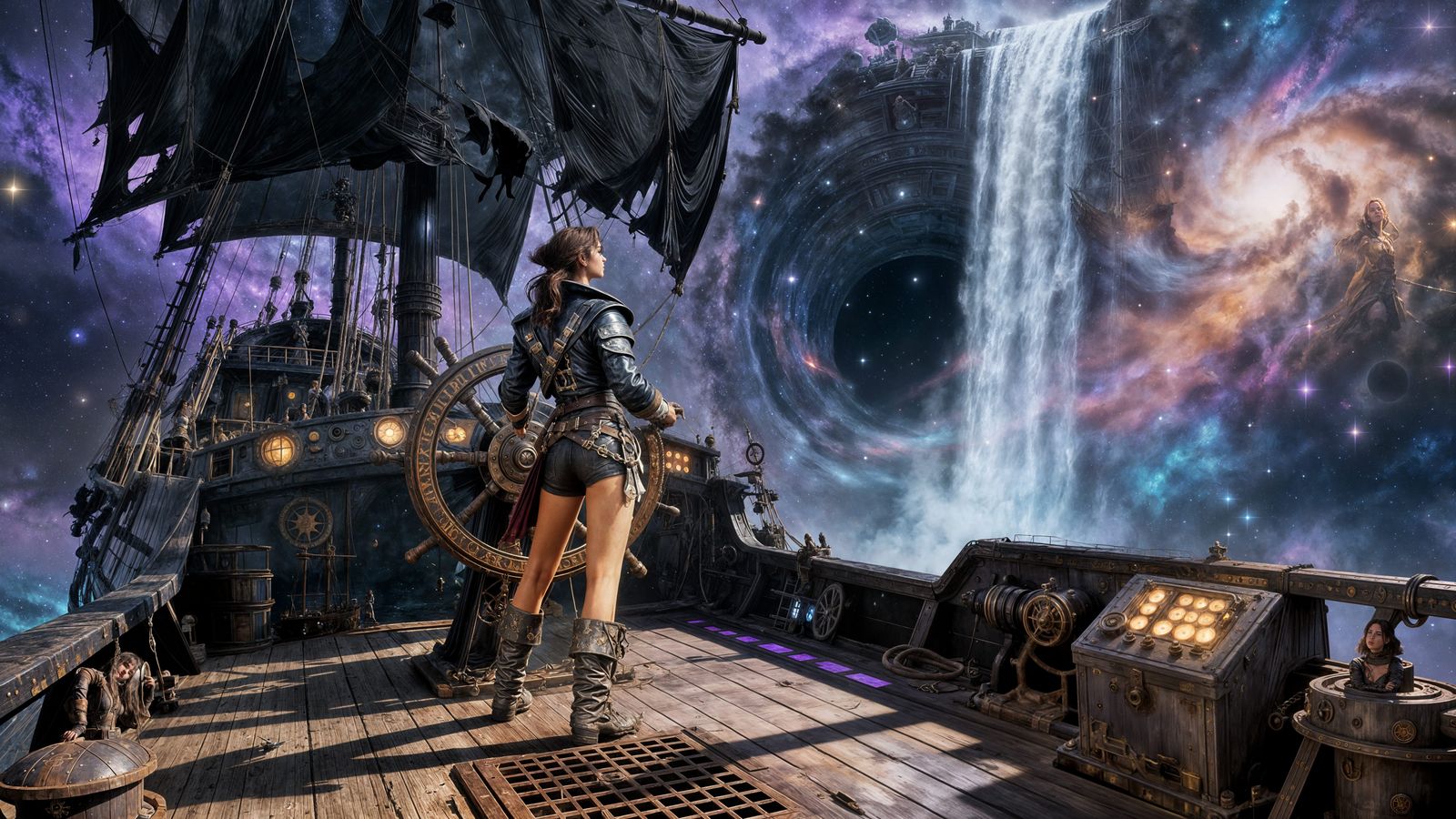 Space Pirate Captain Navigates Nebula Waterfall Portal
