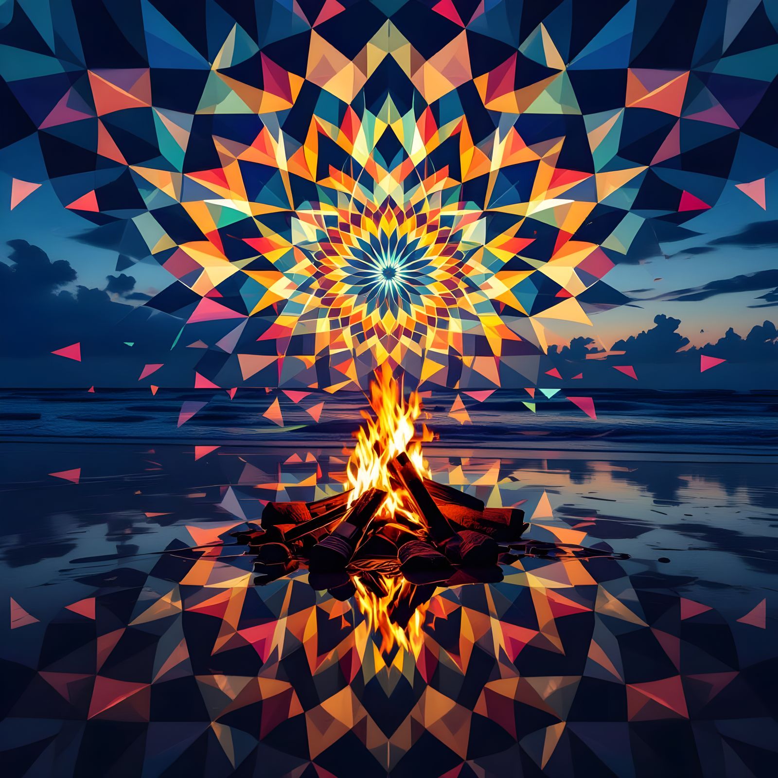 Beach Bonfire Under Kaleidoscope Sky