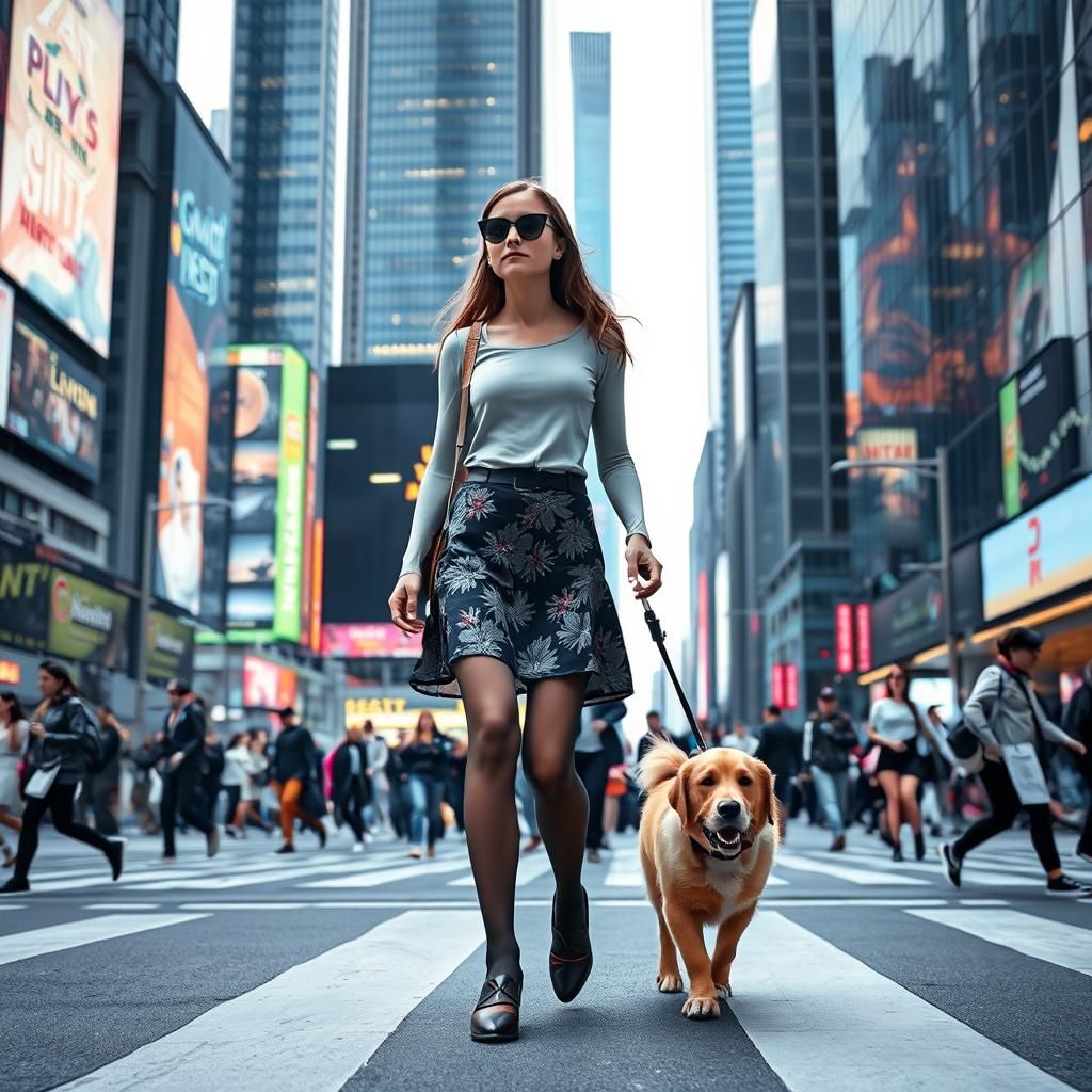 Blind Girl and Guide Dog in Futuristic City