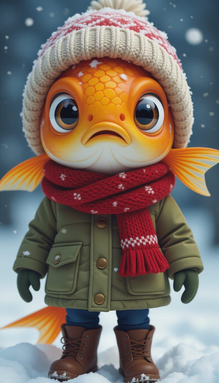 Chibi Fish in Winter Clothes, Photorealistic Style