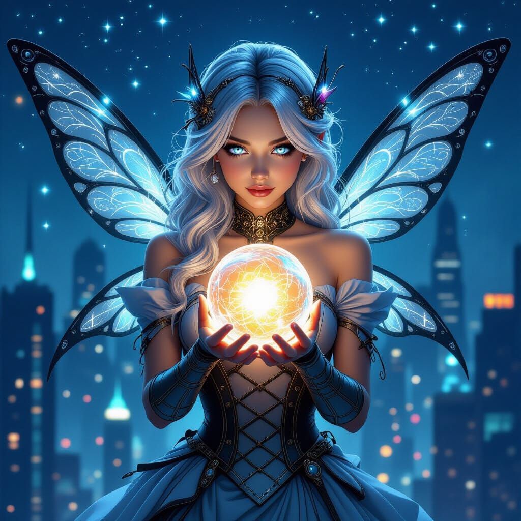 Steampunk Mechanic Fairy in Cyberpunk Cityscape