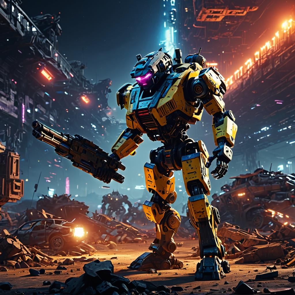 Cyberpunk Mecha Battle in Apocalyptic Wasteland