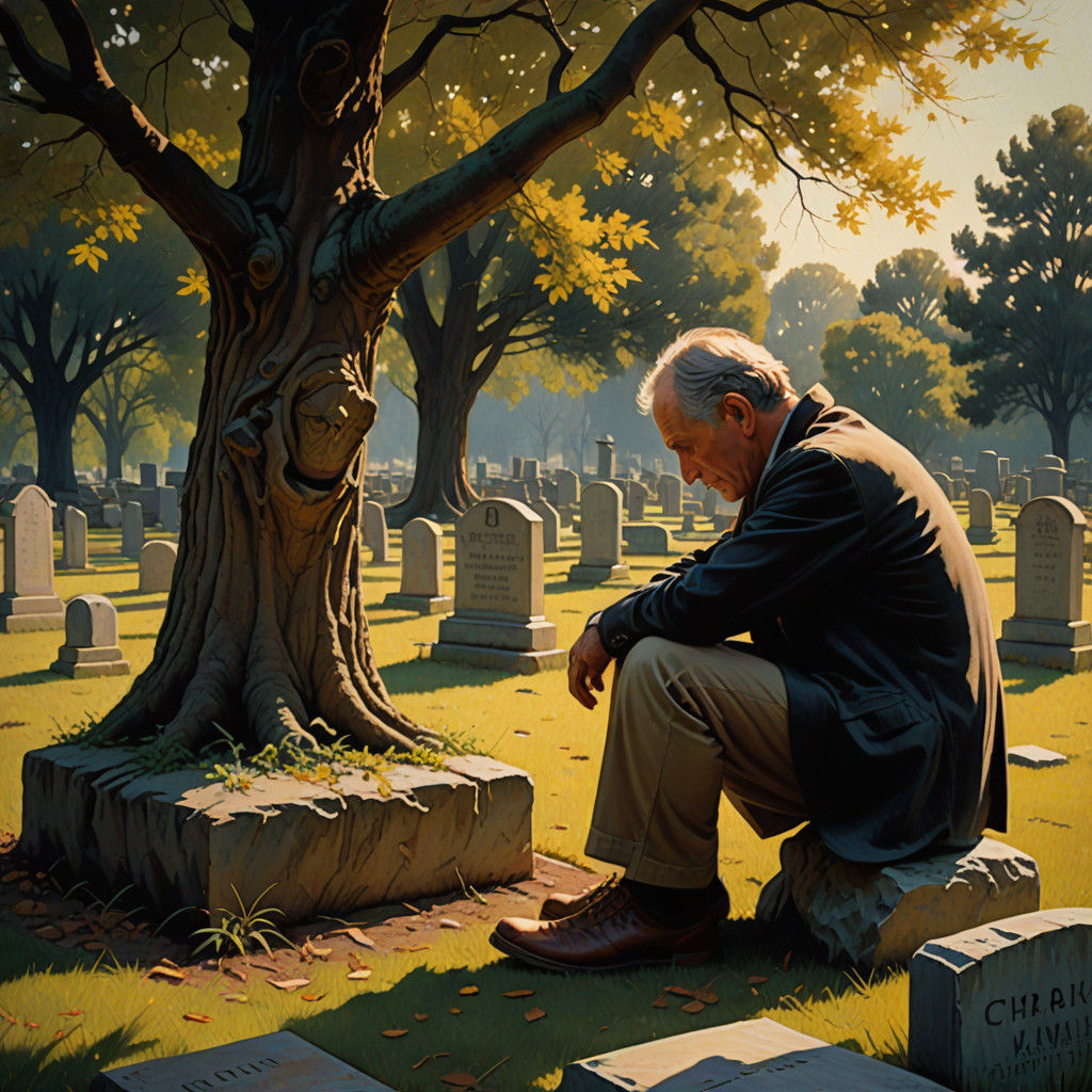 Man in Grief Beside Weathered Tombstone in a Golden Light