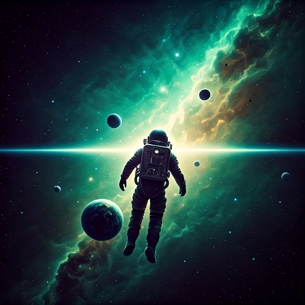 Astronaut Drifting Through Emerald Cosmic Nebula