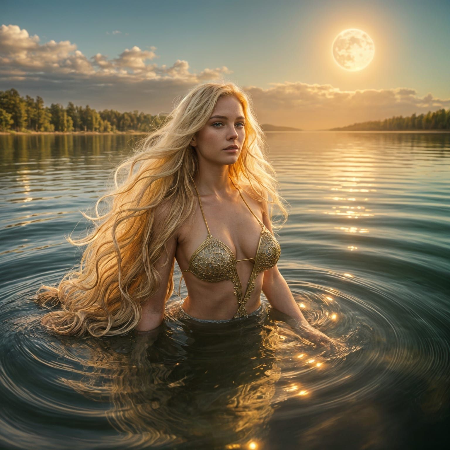 Mermaid Emerges from Golden Lake in Hyperrealism