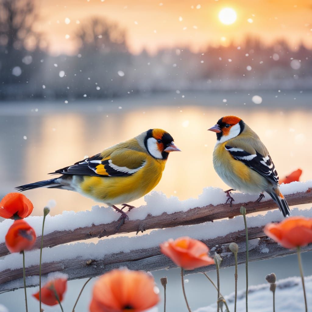 European Goldfinches in Snowy Fantasy Landscape