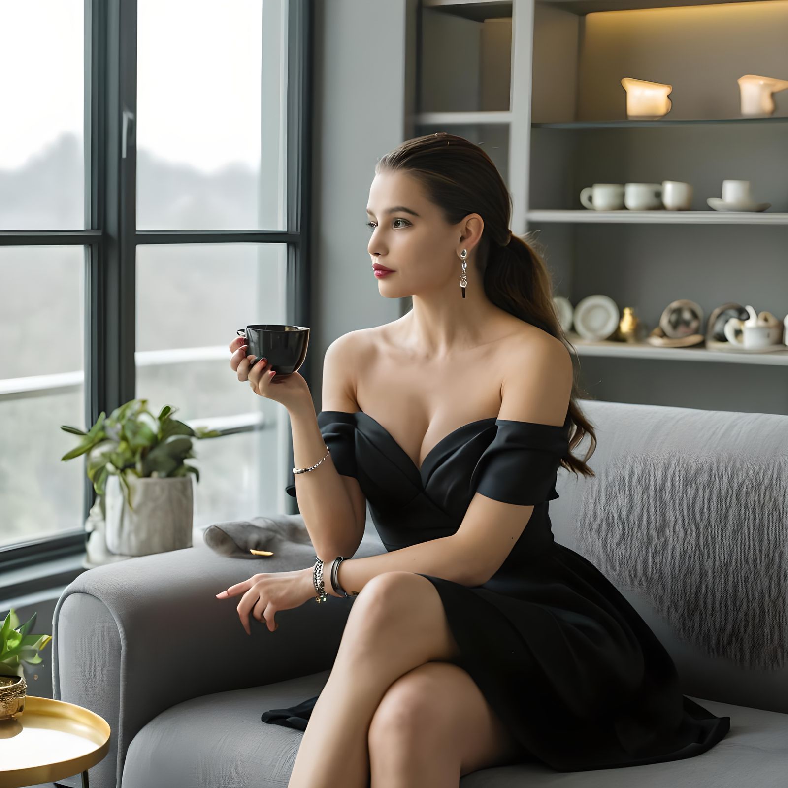 Woman in Black Dress with Coffee, Natural Lighting