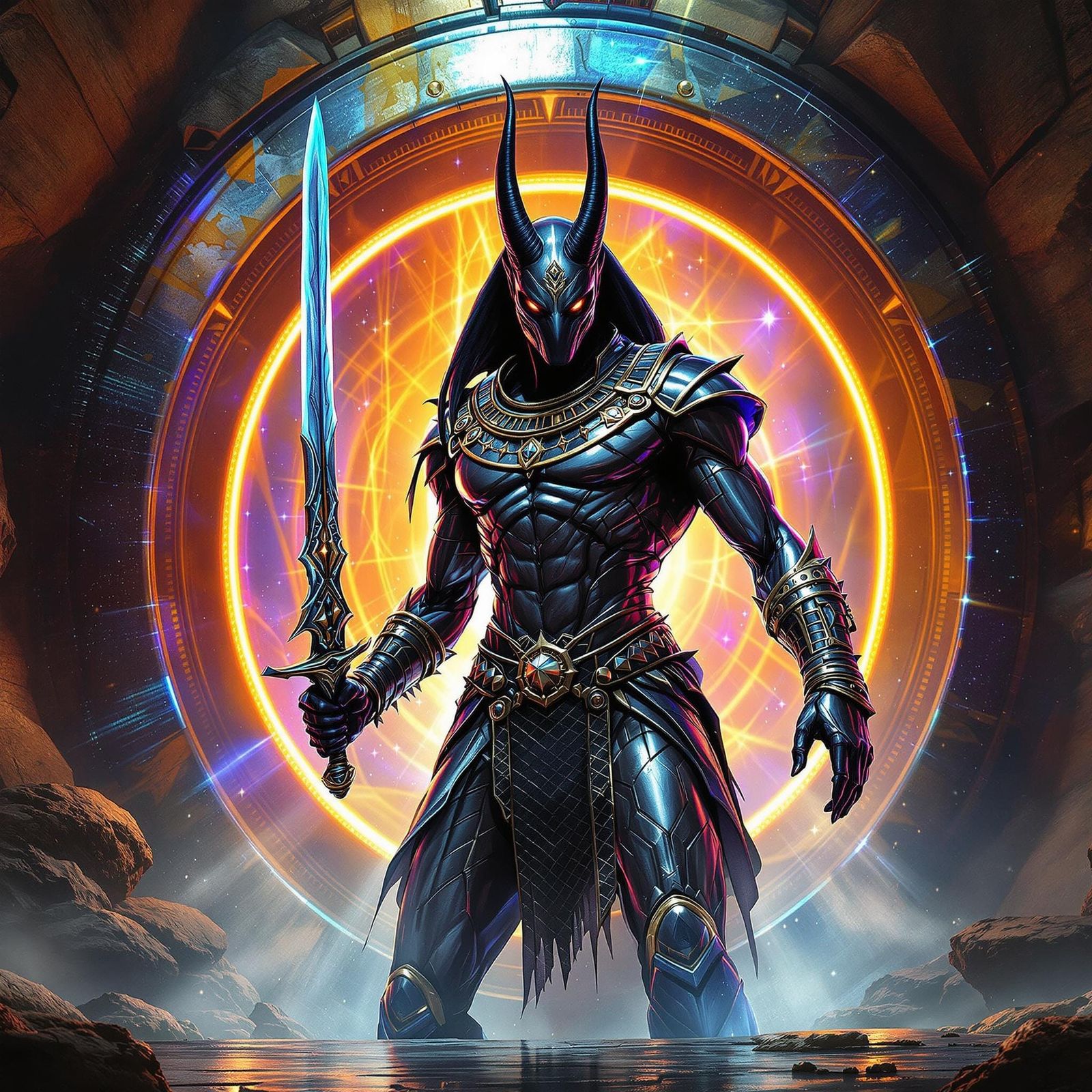 Anubis Emerges from Stargate in Cyberpunk Style