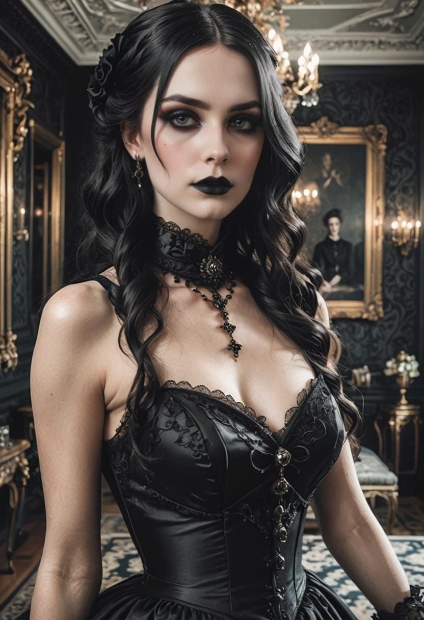 Victorian Goth Girl Portrait in Elegant Room