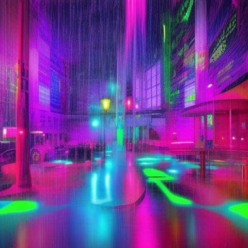 Vibrant Neon Rain Scene